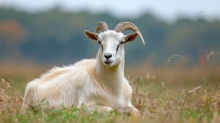 Obraz premium A serene white goat resting in a lush green field with blurred trees in the background