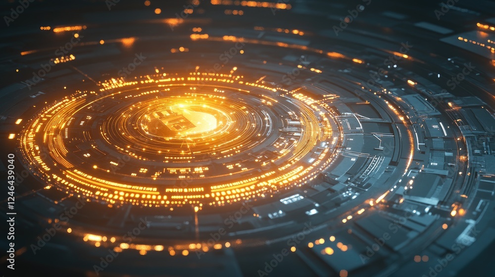 Poster glowing bitcoin coin with digital blockchain network connections in a futuristic background.