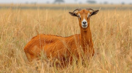 A solitary antelope stands gracefully in tall golden grass under a hazy sky, showcasing nature's beauty