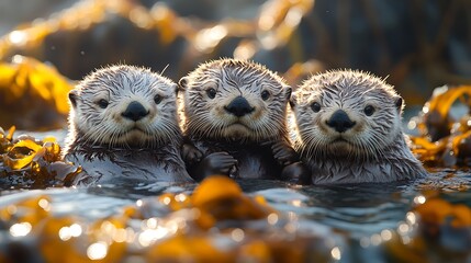Sea Otter Trio: Three adorable sea otters, their fur glistening with water droplets, gaze intently at the camera, creating a playful and captivating scene. Their whiskers twitch.