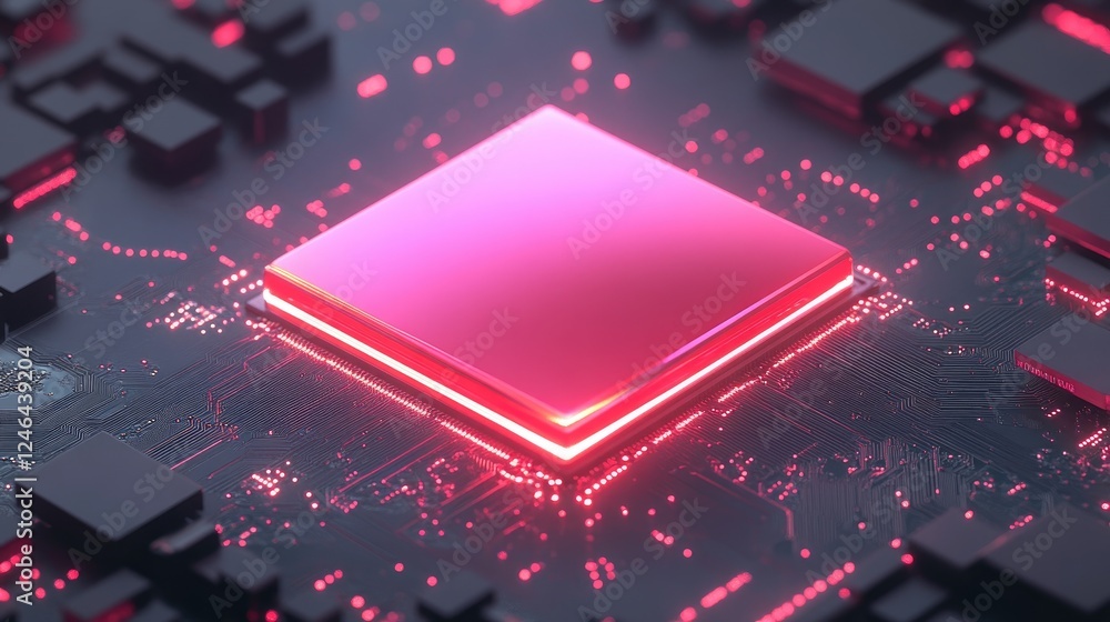 Poster glowing cpu chip on a motherboard with intricate digital circuits.