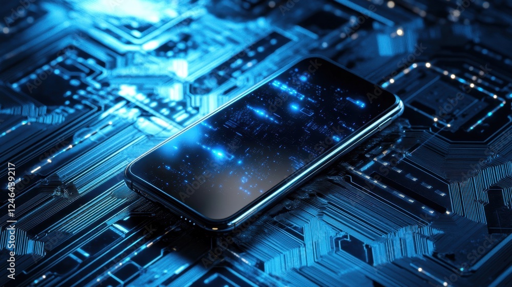 Poster a high-tech smartphone floating against a digital circuit board background.