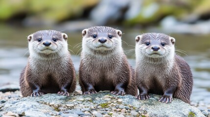 Three Adorable Otter Pups Posing on Rocks Near Water