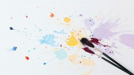 Colorful Paint Splashes and Brushes on Bright White Background