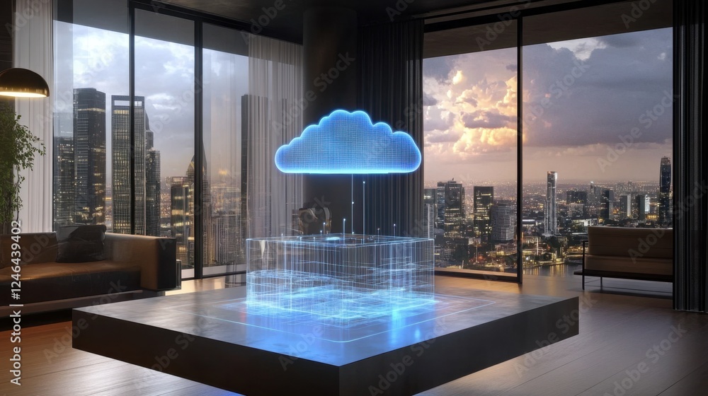 Poster a holographic display showcasing edge computing and cloud technology working together.