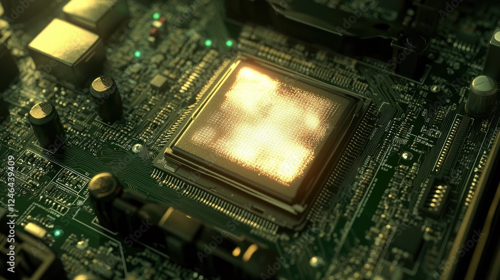 Poster glowing cpu chip on a motherboard with intricate digital circuits.