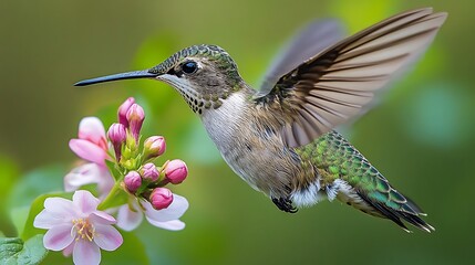 Fototapeta premium Hummingbird and Pink Flowers: A vibrant hummingbird hovers near delicate pink blossoms, its wings a blur of motion, capturing the essence of springtime. 
