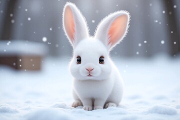 adorable white rabbit in snowy environment looking at viewer