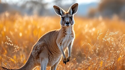 Red Kangaroo in Golden Hour: A majestic red kangaroo stands alert in a field of golden grass, bathed in the warm light of the setting sun. Its intense gaze connects directly with the viewer.