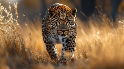 Majestic Leopard Stride: A powerful leopard with a striking coat moves purposefully through tall golden grass, bathed in the warm light of the setting sun. Its gaze is intense and captivating. 