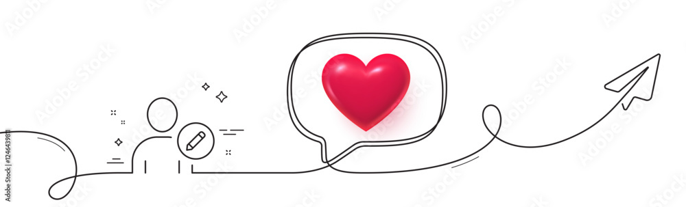 Poster edit user line icon. continuous line with share plane. profile avatar with pencil sign. person silho