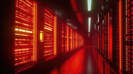 Glowing interconnected server racks in a high-tech data center.