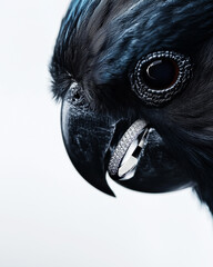 Fototapeta premium Extreme close-up of black parrot with female engagement diamonds ring on its beak. Jewelry advertising with copy space