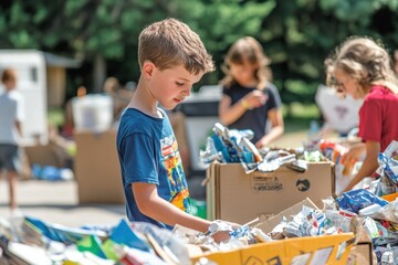 Community members engage in a recycling event focused on paper recycling education and activities with children participating