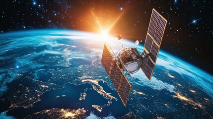 Engineers deploying satellite-linked factory monitoring systems for remote optimization.