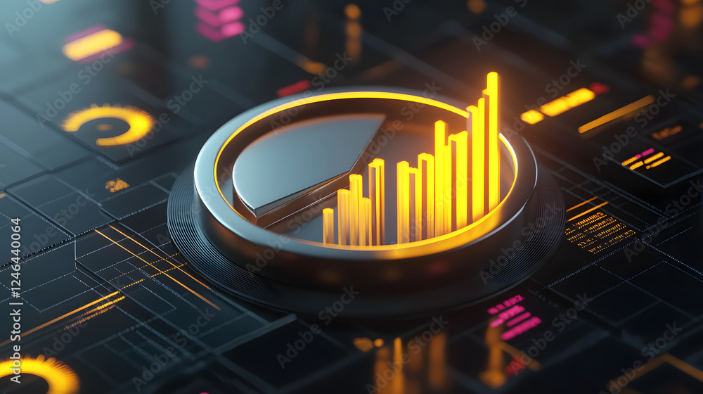 Poster cute isometric 3d image of 3d pie chart and bar chart in realistic metallic silver illuminated by ne
