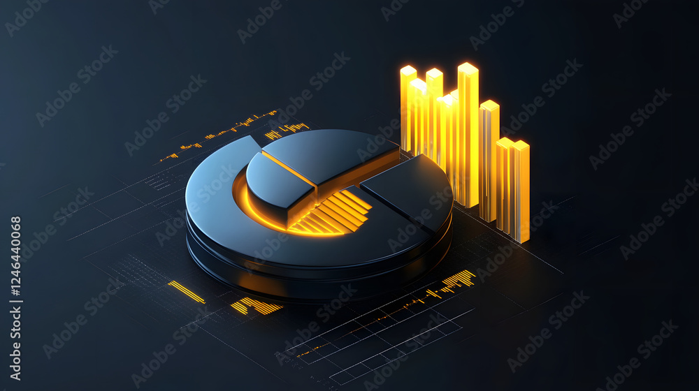Poster Cute isometric 3D image of 3D pie chart and bar chart in realistic metallic silver illuminated by neon yellow. add floating, transparent charts and circular measurement tools. ensure perfect shapes an