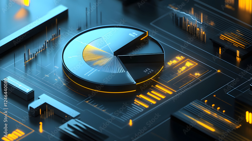 Poster cute isometric 3d image of 3d pie chart and bar chart in realistic metallic silver illuminated by ne