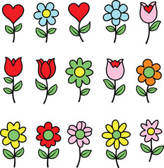 Cute cartoon flowers and shapes icons. Daisy floral organic form cloud star and other elements in trendy playful brutal style. 