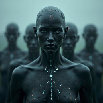 Looming digital presence overpowering humanity, seamlessly intertwined with human forms. Pessimistic vision of Artificial Intelligence.