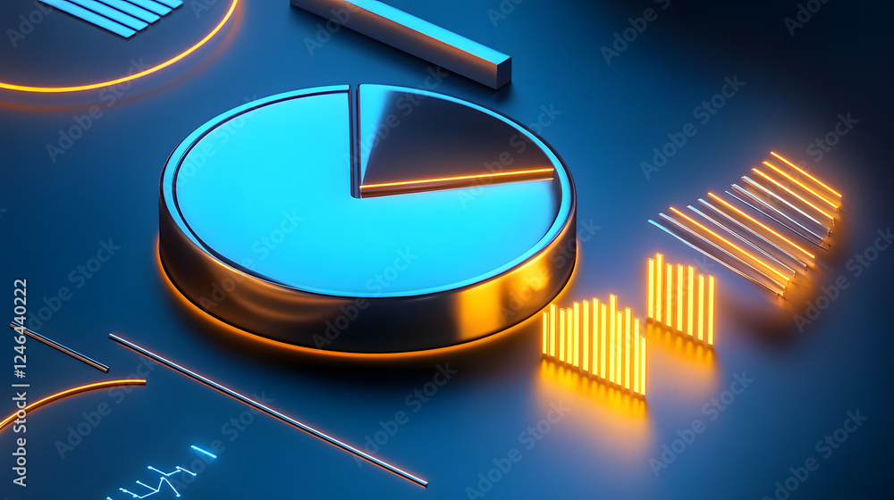 Poster Cute isometric 3D image of 3D pie chart and bar chart in realistic metallic silver illuminated by neon yellow. add floating, transparent charts and circular measurement tools. ensure perfect shapes an