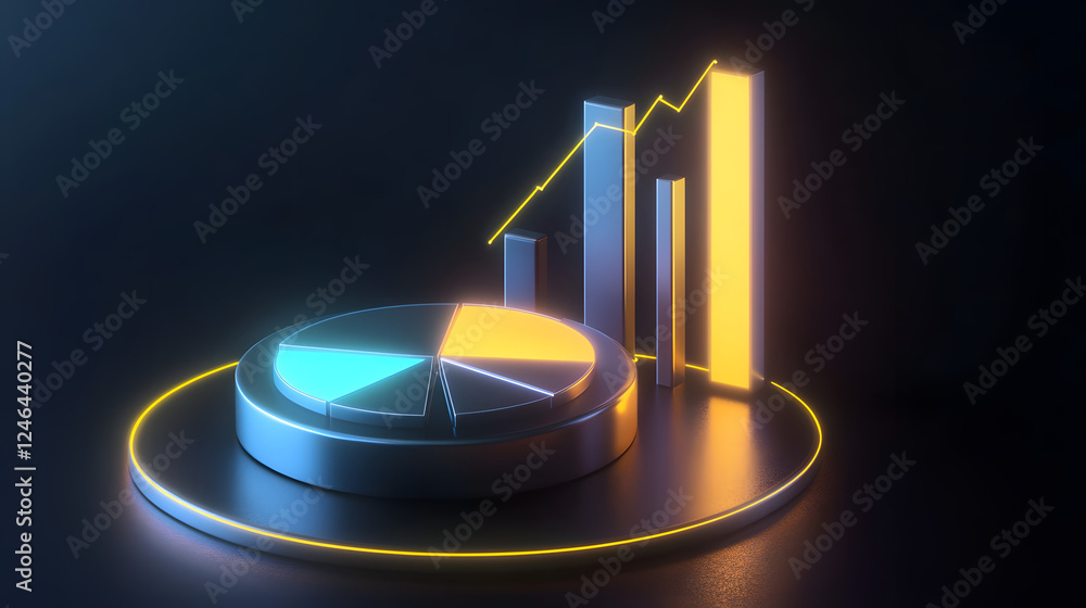 Poster cute isometric 3d image of 3d pie chart and bar chart in realistic metallic silver illuminated by ne