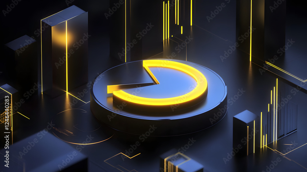 Poster cute isometric 3d image of 3d pie chart and bar chart in realistic metallic silver illuminated by ne