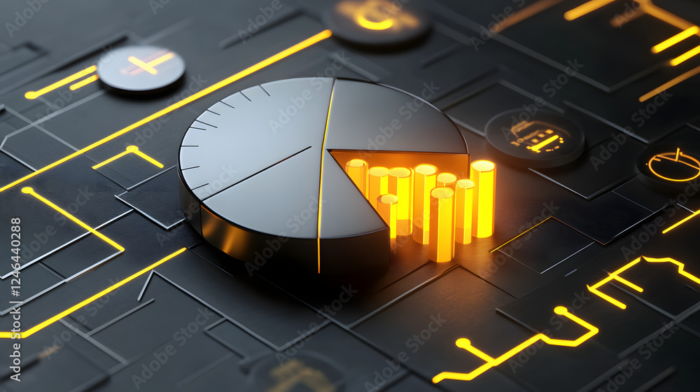 Poster cute isometric 3d image of 3d pie chart and bar chart in realistic metallic silver illuminated by ne