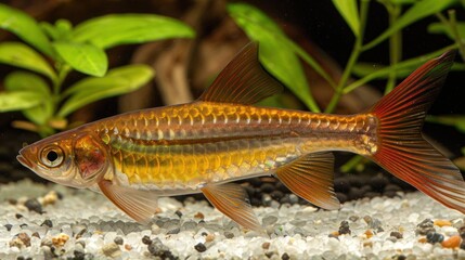 Fototapeta premium Colorful fish swimming gracefully in a planted aquarium with pebbles and greenery in the background