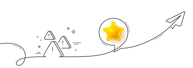 Attention line icon. Continuous line with share plane. Important warnings sign. Danger warn symbol. 3d star in speech bubble. Attention single line ribbon. Loop curve pattern. Vector