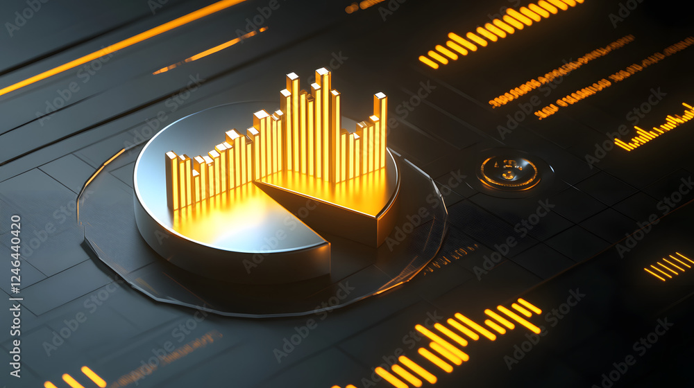 Poster cute isometric 3d image of 3d pie chart and bar chart in realistic metallic silver illuminated by ne