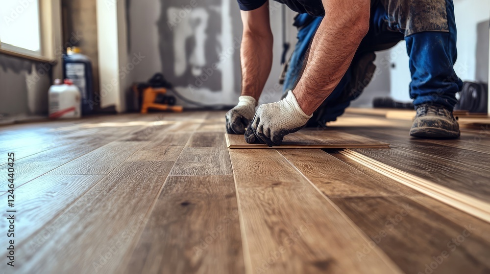 Aufkleber a close-up view of a man installing wood flooring in an empty room.