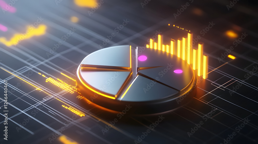 Poster cute isometric 3d image of 3d pie chart and bar chart in realistic metallic silver illuminated by ne