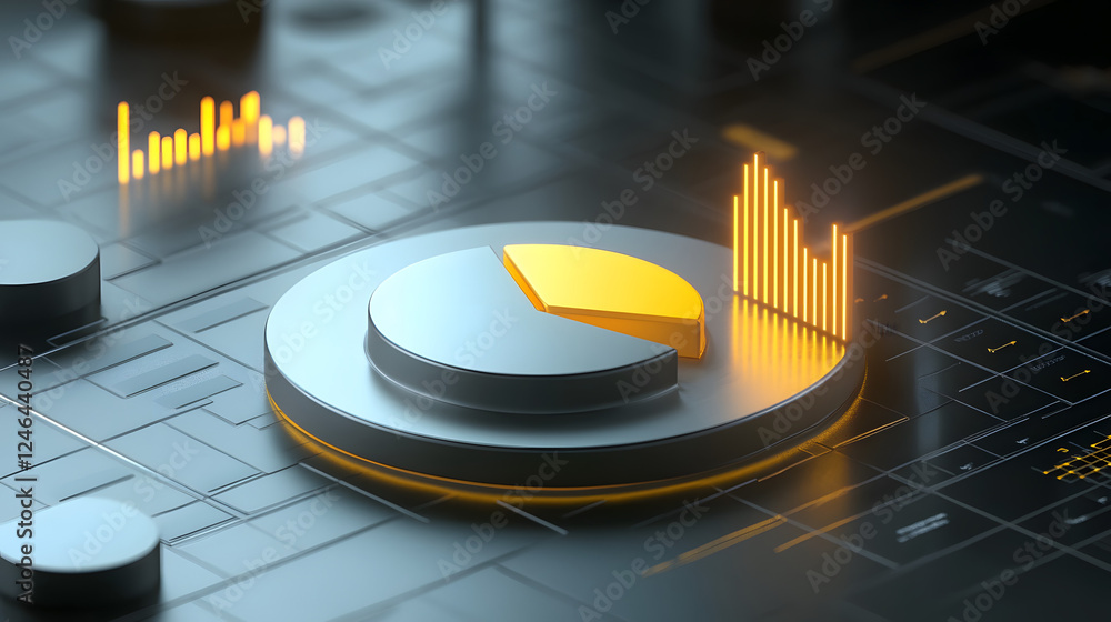 Poster cute isometric 3d image of 3d pie chart and bar chart in realistic metallic silver illuminated by ne