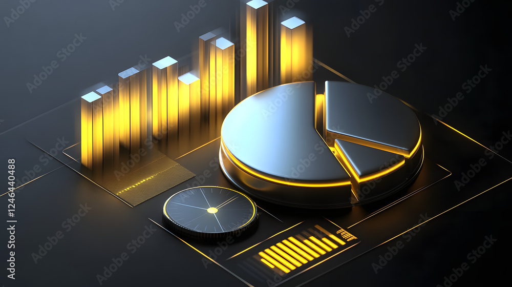 Poster cute isometric 3d image of 3d pie chart and bar chart in realistic metallic silver illuminated by ne