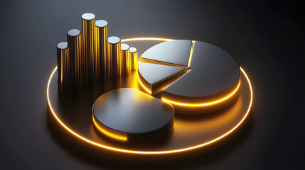 Cute isometric 3D image of 3D pie chart and bar chart in realistic metallic silver illuminated by neon yellow. add floating, transparent charts and circular measurement tools. ensure perfect shapes an
