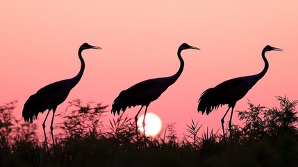 Obraz premium Three Cranes Silhouetted Against Sunset Sky