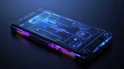 A protected mobile device with an advanced security lock system glowing in blue and purple hues.