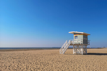 Retro lifeguard station tower on the beach of Deauville in Normandy, France
