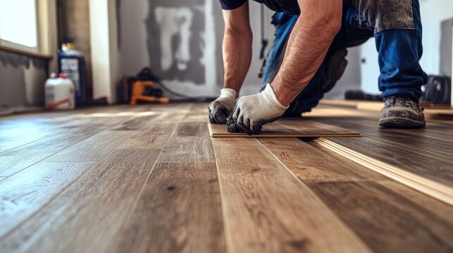 A close-up view of a man installing wood flooring in an empty room.