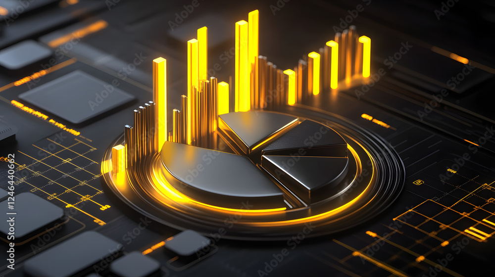 Poster cute isometric 3d image of 3d pie chart and bar chart in realistic metallic silver illuminated by ne