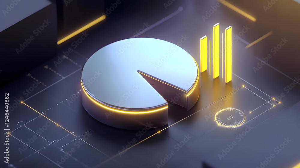 Poster cute isometric 3d image of 3d pie chart and bar chart in realistic metallic silver illuminated by ne