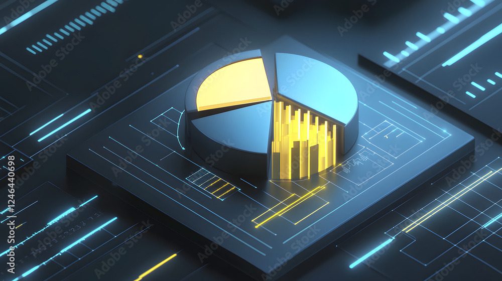 Poster cute isometric 3d image of 3d pie chart and bar chart in realistic metallic silver illuminated by ne