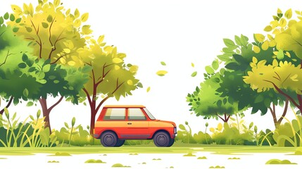 A cartoon-style illustration of a red car driving through a forest.