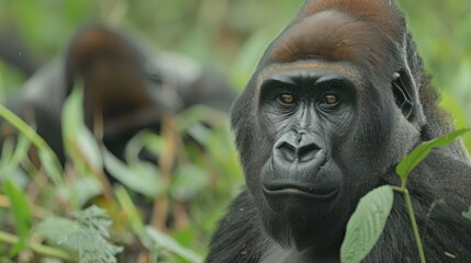 Obraz premium Majestic gorilla gazing thoughtfully amidst lush greenery in a serene jungle habitat