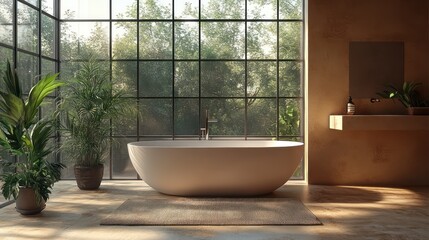 Fototapeta premium Serene Modern Bathroom with Lush Greenery and Sunlight