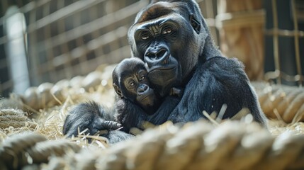Fototapeta premium A mother gorilla tenderly embraces her baby in a naturalistic zoo setting surrounded by straw