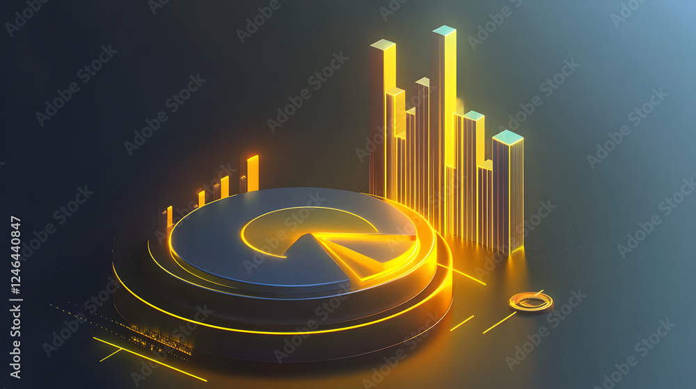 Poster cute isometric 3d image of 3d pie chart and bar chart in realistic metallic silver illuminated by ne