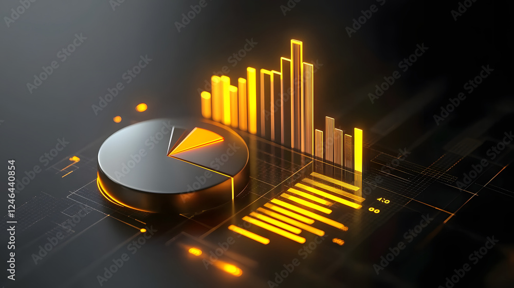Poster cute isometric 3d image of 3d pie chart and bar chart in realistic metallic silver illuminated by ne