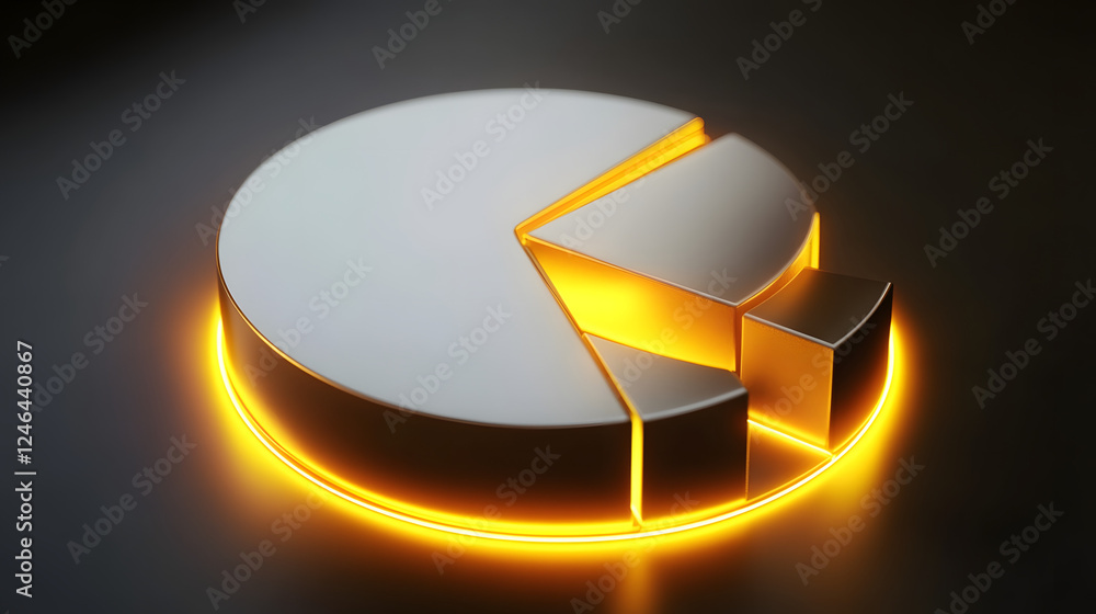 Poster cute isometric 3d image of 3d pie chart and bar chart in realistic metallic silver illuminated by ne